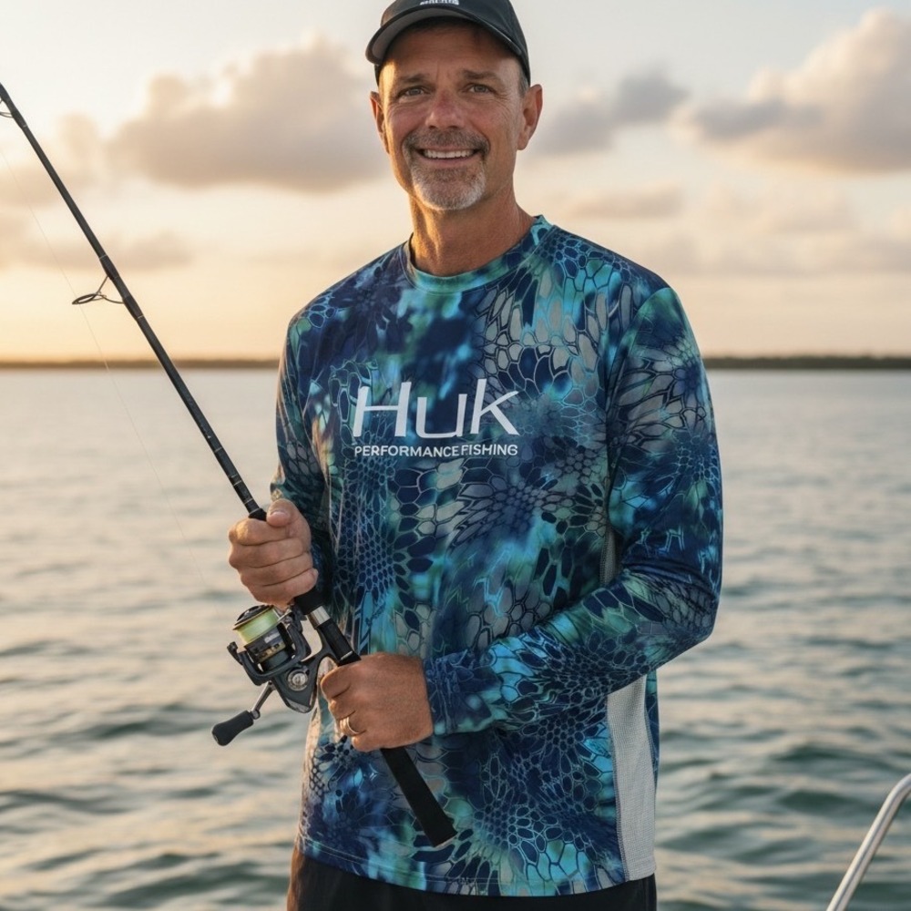 Huk Performance Fishing Mens Small Long Sleeve Camo Mesh Back Shirt Blue Green
